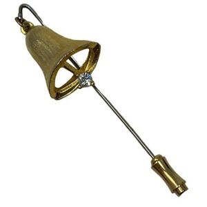 Vintage Bell‎ Stick Pin Lapel Gold Tone Clear Crystal Clapper Brooch Hat Pin